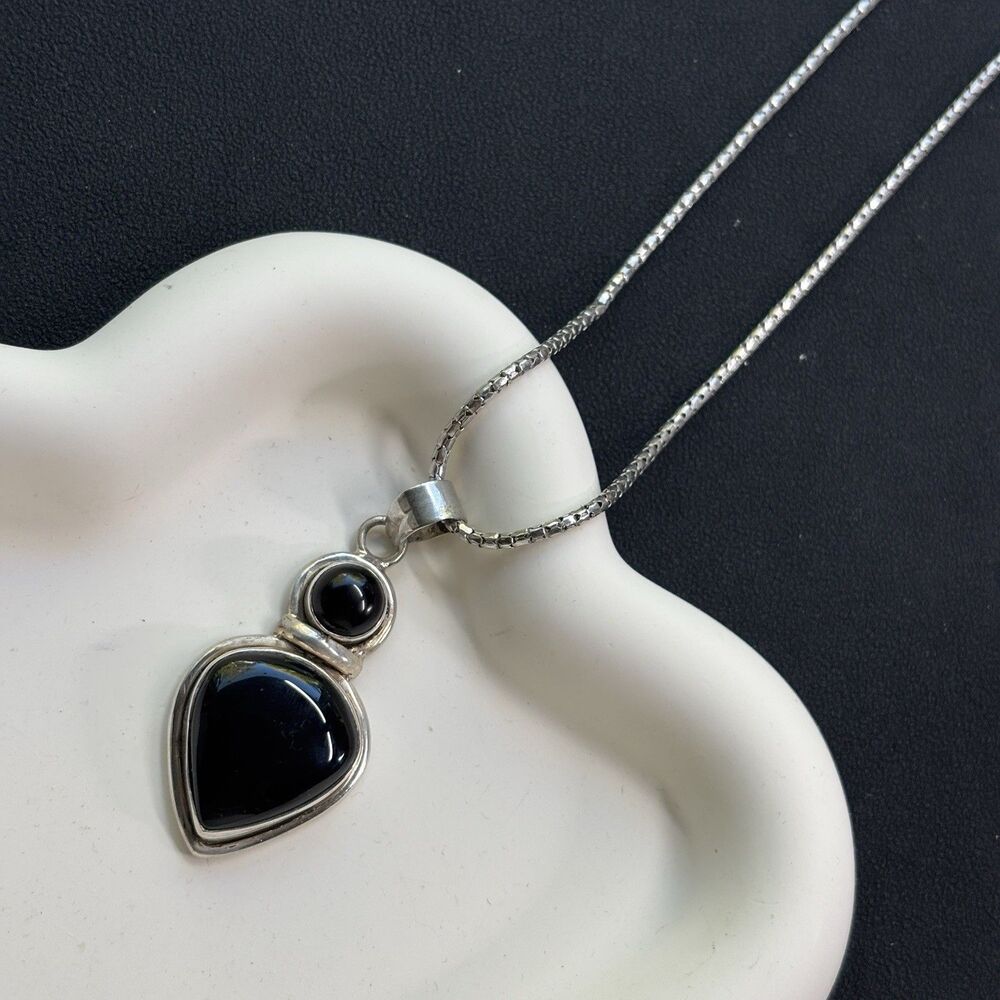 Sterling Silver Black Onyx Modernist Pendant Necklace 20” Box Chain 16.5g